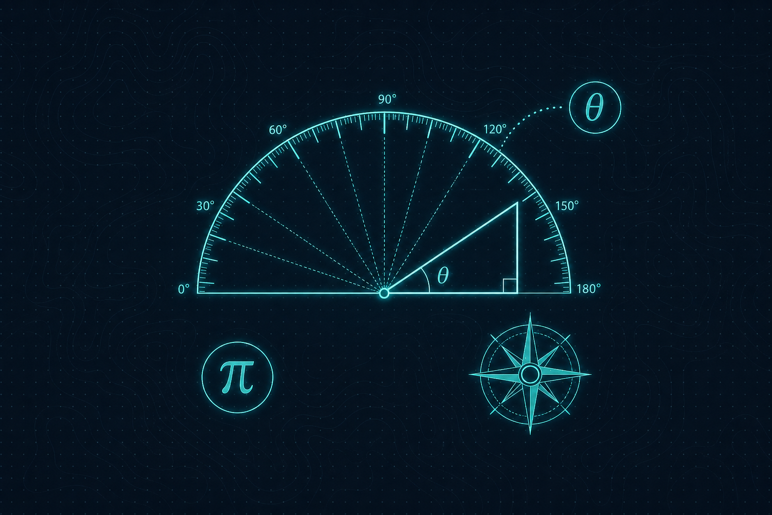 Illustration of a protractor arc and angle geometry symbols.
