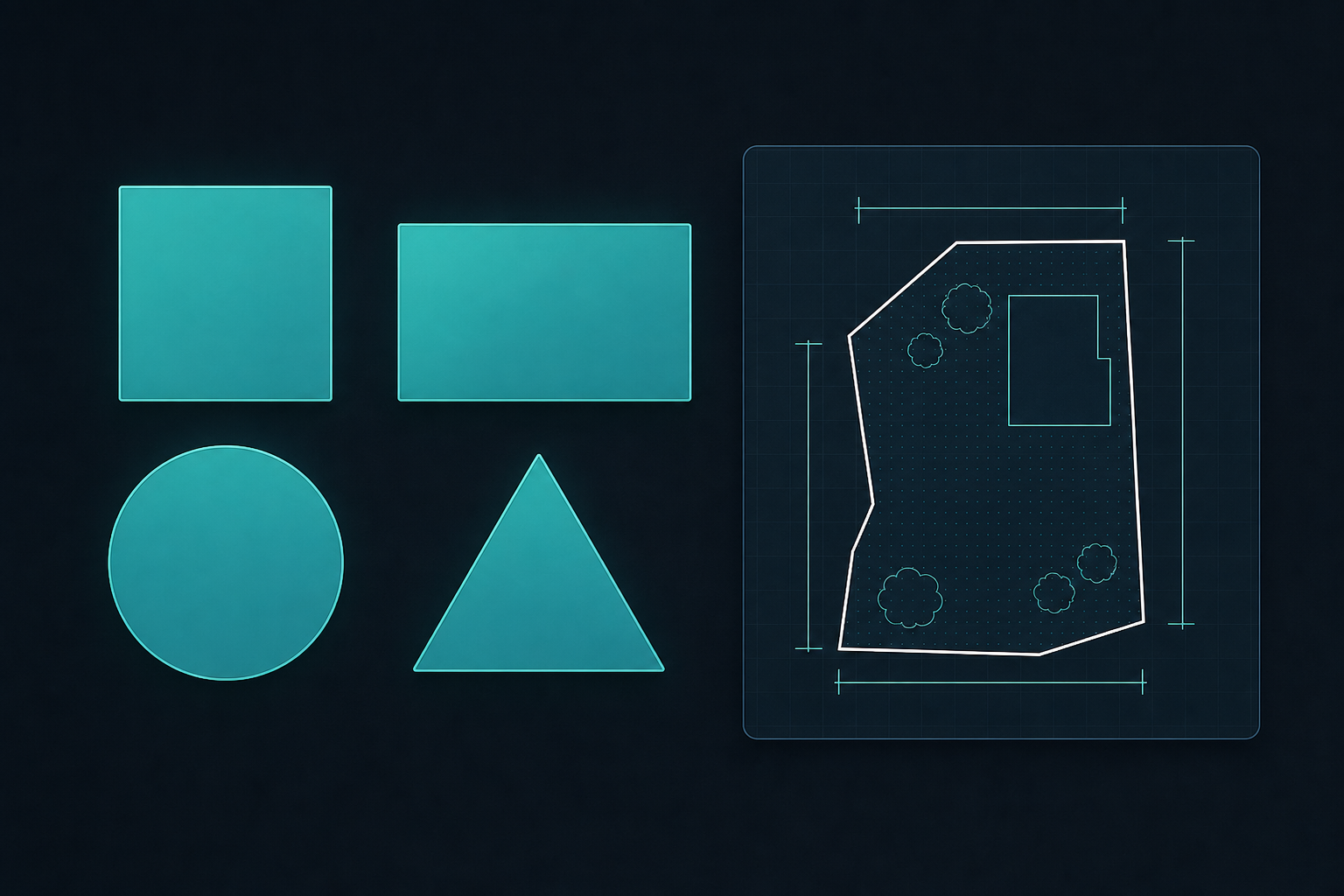 Illustration of a square, rectangle, circle, triangle, and a small blueprint-style plot plan.