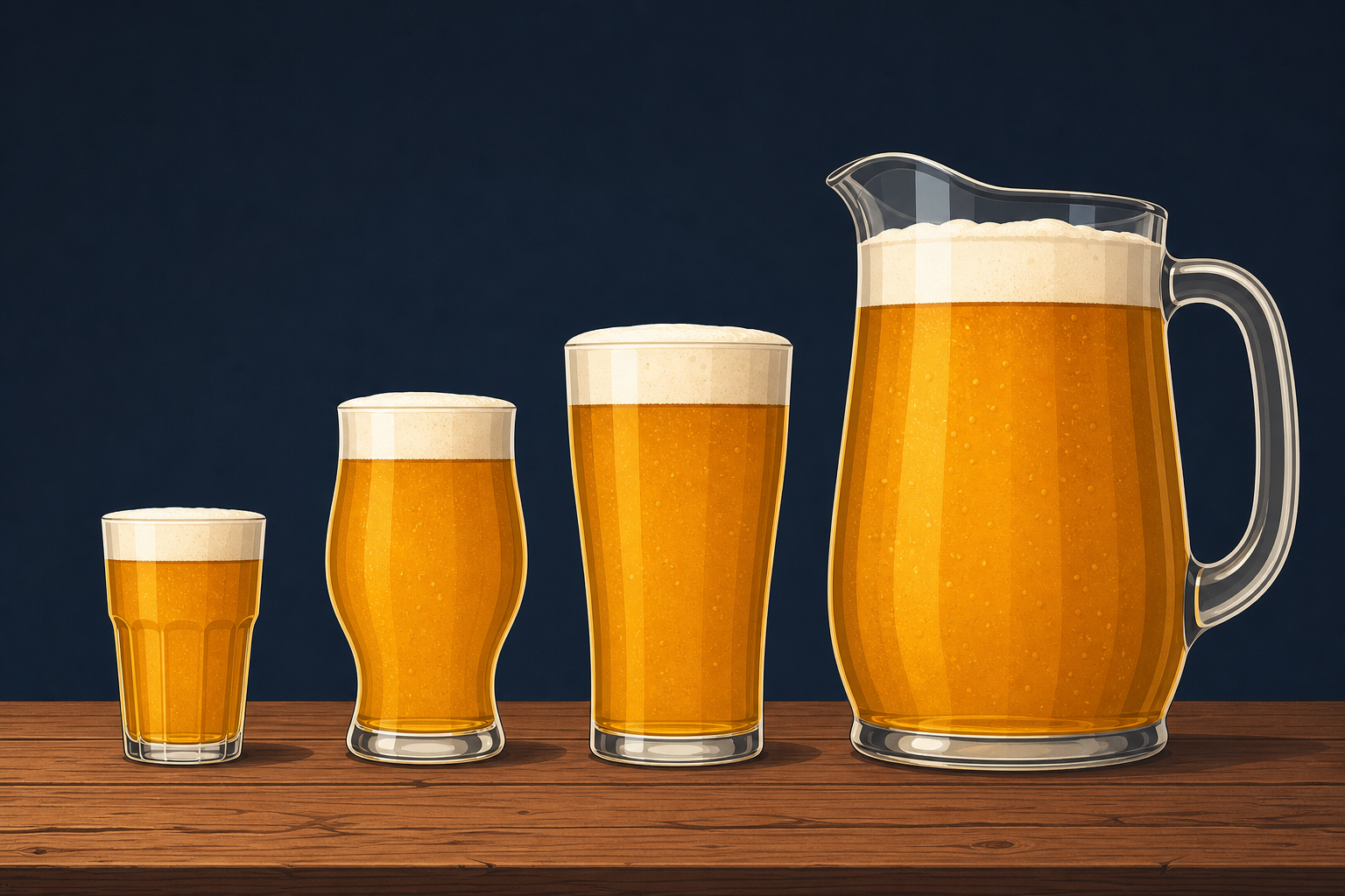Illustration of pub-style drink glasses with typical volumes.