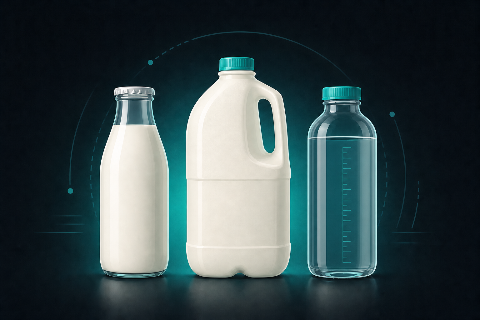 Illustration of a pint milk bottle, a gallon container, and a litre bottle filled with water.