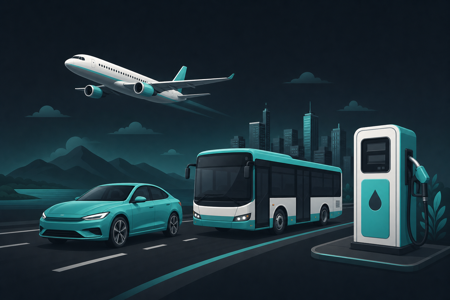 Illustration with an aeroplane, a car, a bus, and a petrol pump.